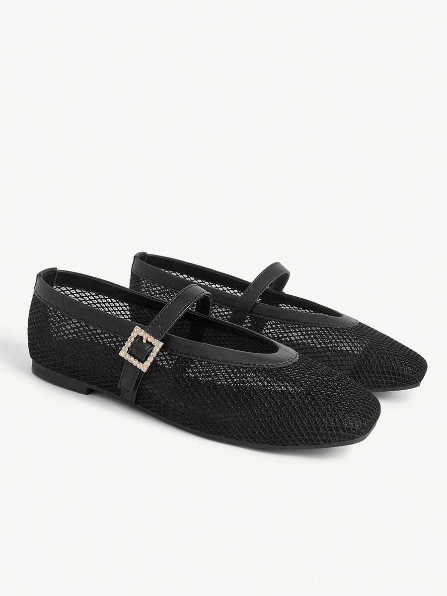 CUCCOO CHICEST Metal Buckle With Square Toe Flat Bottom Mesh Yarn Breathable Solid Color PU Splicing Mary Jane Shoes Women's Daily Commuting Shoes - Black - View 1