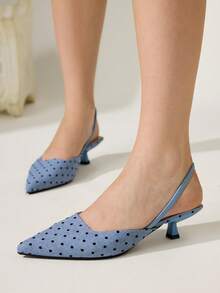CUCCOO CHICEST Women's Light Blue Polka Dot Chinese Vintage Pointed Toe Kitten Heel Mid-Heel Elegant Minimalist Commute High Heels For Office, Dating And Formal Occasions - Light blue polka dot - View 6