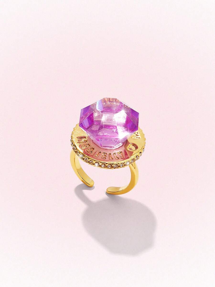 Popjeli 大尺寸八角切割紫水晶開口戒指,字母重工業風寬邊Y2K辣妹戒指 - 金色-紫色 - 查看 1