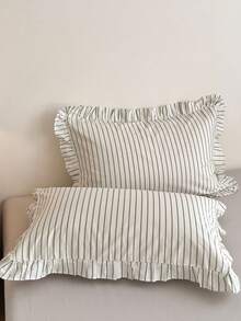Cirelle 3pcs Cotton Striped Duvet Cover Set, French Vintage Striped Bedding Set With Ruffle Pillow Shams, Soft Breathable Comforter Cover (Duvet Cover No Ruffles, No Insert) - Broad white lotus leaf edge - View 6