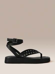 HighSole صنادل شارع بحزام كاحل ومشبك زخرفي بنمط عظم السمك من المعدن، مناسبة لمهرجانات الموسيقى وملابس العطلات - الأسود - مشاهدة 2