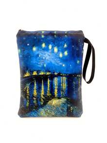 1PC Large Capacity Polyester Zipper Portable Handheld Van Gogh Starry Night Over The Rhone Oil Painting Print Art Design Book Bag Stationery Pouch Tote For School Office Travel Back To School Gift - multicolor - View 4