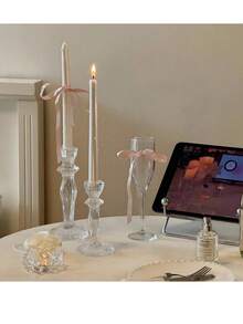 Cirelle 1pc Clear Glass Taper Candle Holder, Vintage Ribbed Candlestick Stand, Elegant Decorative Candle Holder For Wedding, Party & Home Table Decor - multicolor - View 6