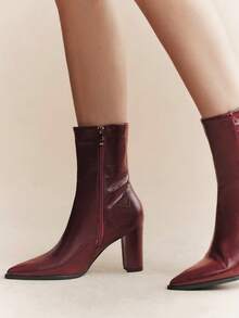 Rosivie Women's Ankle Strap Square Buckle Pointed Thin Heel Short Boots Black Side Zipper High Heels And Ankle Boots Commuting Daily Versatile Style - burgundy thick heel - View 5