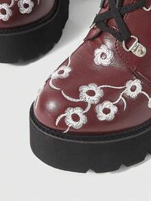 ROMWE Fairycore Women's Thick-Soled Thick-Heeled Medium-Heeled Boots, Punk-Style Gothic Street-Style Embroidered Thread-Patterned Strap-On Side Zipper Thick-Soled Boo - Burgundy - View 5