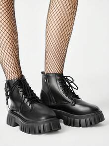 ROMWE Grunge Punk Women's Slope Heel Thick-Soled Round Toe Pleated Stacking Boots, New Western Cowboy Boots, Fashionable Versatile Commuting, Thick-Soled Short Boots - Y3 black - View 4