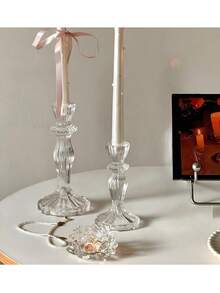 Cirelle 1pc Clear Glass Taper Candle Holder, Vintage Ribbed Candlestick Stand, Elegant Decorative Candle Holder For Wedding, Party & Home Table Decor - multicolor - View 8