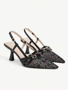 CUCCOO CHICEST Women's Floral Lace Slingback Heels, Pointed Toe Double Buckle Strap Stiletto Sandals, Elegant Mesh Backless High Heels For Wedding Date Party - Black - View 2