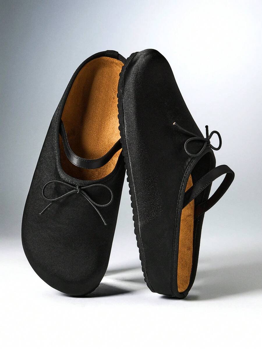 SHEIN Solezae Sepatu selop datar kasual wanita berwarna hitam, sederhana, berhiaskan pita, cocok untuk musim semi dan gugur, serbaguna dan bergaya dengan ujung tertutup. - Hitam - View 1