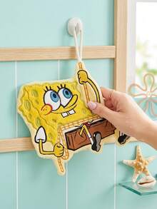 SpongeBob SquarePants | Joivida 1件裝卡通海綿寶寶嬰兒手巾，立體刺繡毛絨手巾，可懸掛吸水快乾手巾，可愛家居裝飾手巾，適用浴室與廚房，適合居家日常使用與軟裝佈置 - 黃色 - 查看 4