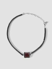 MortiRose Silver Stainless Steel Crystal Bead String Splicing Ruby Embellished Gothic Necklace - Dull Silver - View 6