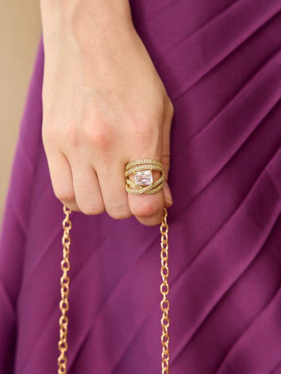 MOTF PREMIUM Multi-Layer Full Set Diamond Square Main Stone Ring, Heavy Industry Wide Version Gold-Plated Banquet Dress Open Ring - Gold - View 1