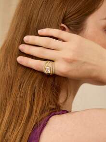 MOTF PREMIUM Multi-Layer Full Set Diamond Square Main Stone Ring, Heavy Industry Wide Version Gold-Plated Banquet Dress Open Ring - Gold - View 9