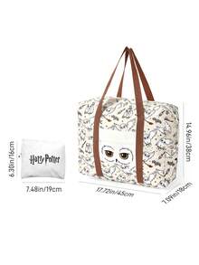HARRY POTTER X SHEIN Print Foldable Large Travel Tote Bag, Front Zip Pocket. Foldable Design For Trips, Gym And Daily Luggage Storage - Light Khaki - View 6