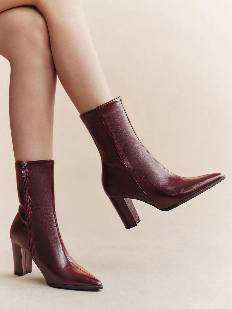 Rosivie Women's Ankle Strap Square Buckle Pointed Thin Heel Short Boots Black Side Zipper High Heels And Ankle Boots Commuting Daily Versatile Style - burgundy thick heel - View 1