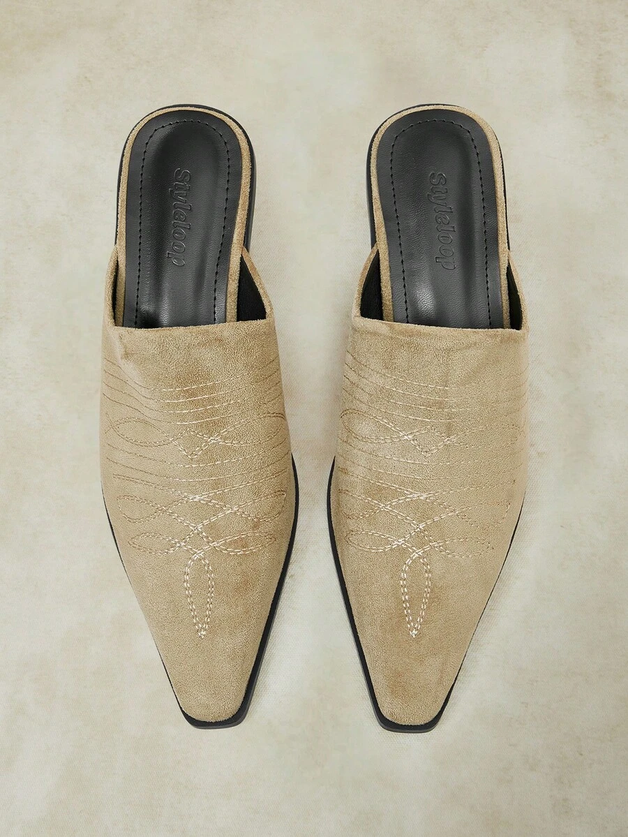 Styleloop Women Shoes Snake Stitching Pointed Western Style Mule Shoes, Retro Embroidered Thick Heel Mules Shoes - Western wind embroidery thread khaki - View 1