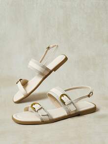 Styleloop Sandal Gaya Maillard Prancis dengan Gesper Emas Ganda, Sol Lembut, Anti Selip, Sepatu Romawi Datar, Cocok untuk Pakaian Musim Panas, Sepatu Serbaguna dengan Tali Pengikat - Aprikot - View 3