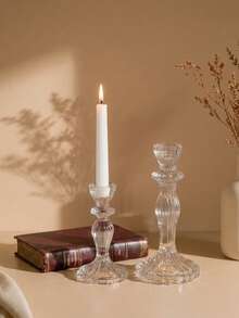 Cirelle 1pc Clear Glass Taper Candle Holder, Vintage Ribbed Candlestick Stand, Elegant Decorative Candle Holder For Wedding, Party & Home Table Decor - multicolor - View 1