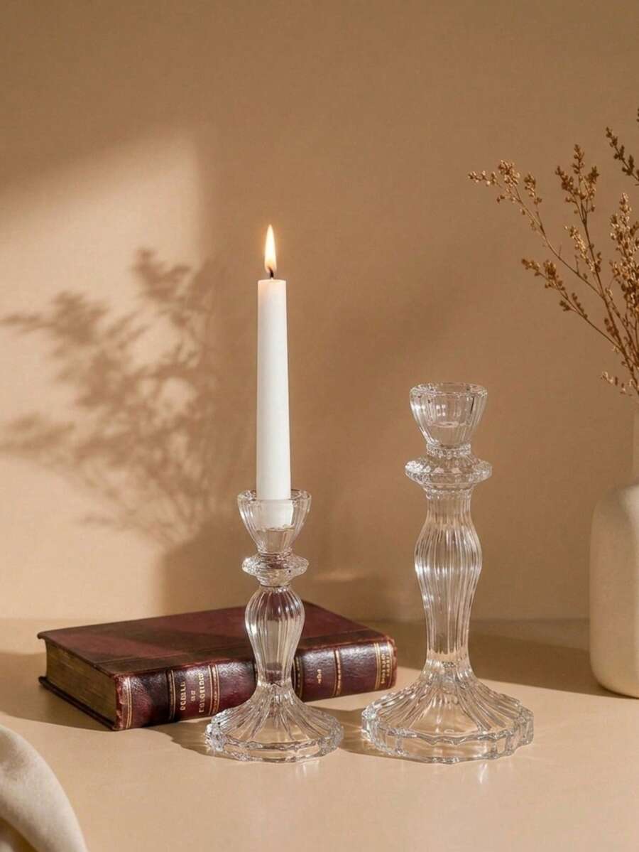 Cirelle 1pc Clear Glass Taper Candle Holder, Vintage Ribbed Candlestick Stand, Elegant Decorative Candle Holder For Wedding, Party & Home Table Decor - multicolor - View 1
