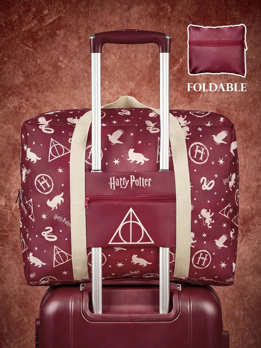 HARRY POTTER X SHEIN 印花可折疊大容量旅行托特包，前置拉鍊口袋，可折疊設計，適合旅行、健身房及日常行李收納 - 紅棕色 - 查看 1