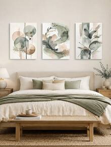 3Pcs Unframed Abstract Watercolor Canvas Wall Art, Minimalist Green Beige Ink Wash Triptych Prints, Modern Neutral Abstract Paintings For Living Room, Dining Room And Bedroom Home Decoration - multicolor - View 2