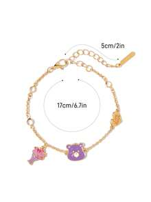SHEIN X Care Bears 時尚可愛甜美銀色鋅合金卡通鏈條手鍊，適合日常配戴或作為禮物，愛心、熊、聖代圖案 - 彩色 - 查看 6