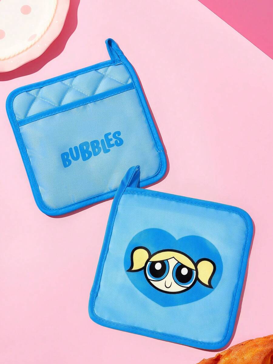 THE POWERPUFF GIRLS X SHEIN 1 قطعة/2 قطعة طقم عزل مطبخ بطباعة كرتونية لطيفة، حصيرة عزل، ضروري لخبز المطبخ، يعزل مصادر الحرارة بفعالية، فردي/مجموعة - الأزرق - مشاهدة 1