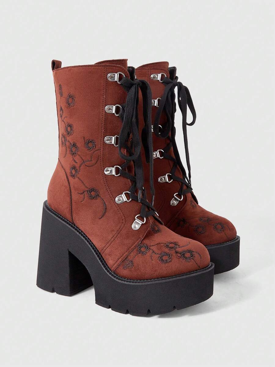 ROMWE Fairycore Women's Thick-Soled Thick-Heeled Medium-Heeled Boots, Punk-Style Gothic Street-Style Embroidered Thread-Patterned Strap-On Side Zipper Thick-Soled Boo - brown ink - View 1