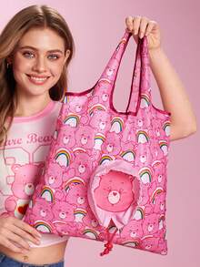 SHEIN X Care Bears Cute Bear Print Foldable Shopping Bag With Drawstring Pouch, Lightweight & Reusable, Perfect For Grocery, Travel And Daily Use - Powder deep powder - View 1