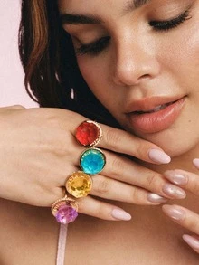 Popjeli Large Octagonal Cut Open Ring, Gilt Lettering Heavy Industry Wide Face Y2K Spice Girl Ring - Gold - Blue - View 2