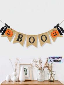 Halloween Linen Hanging Garland Banner With "Boo", Lantern & Pumpkin Prints, Decor For Fireplace Home Party, 1 Pc - View 1