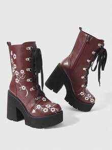 ROMWE Fairycore Women's Thick-Soled Thick-Heeled Medium-Heeled Boots, Punk-Style Gothic Street-Style Embroidered Thread-Patterned Strap-On Side Zipper Thick-Soled Boo - Burgundy - View 3