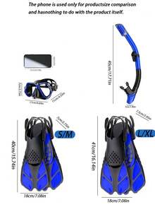 1Set Adult Full Face Snorkel Mask Set, Adjustable Diving Fins With Dry Snorkel & Travel Bag, Anti-Fog Anti-Leak Snorkeling Gear For Swimming Training - Multicolor - View 3
