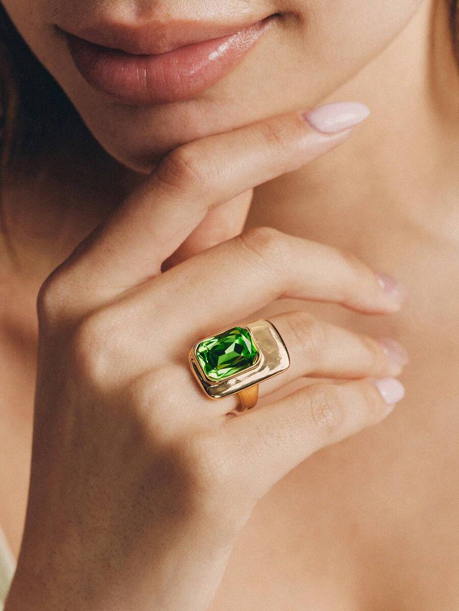 Popjeli Rectangle Open Ring, Glossy Gold Thick Wide-Sided Retro Dinner Ring - Gold - Green Diamond - View 1