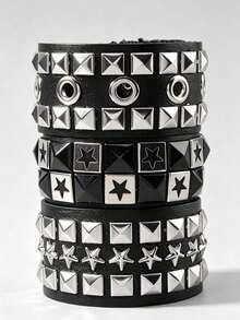 ROMWE Goth 龐克哥德風皮革手鍊套組，男女皆宜，星星可疊戴，Y2K搖滾風飾品 - 星星 - 查看 1