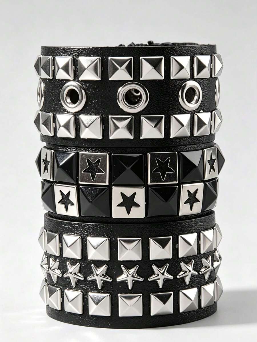 ROMWE Goth 龐克哥德風皮革手鍊套組,男女皆宜,星星可疊戴,Y2K搖滾風飾品 - 星星 - 查看 1