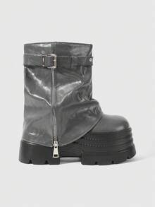 ROMWE Grunge Punk 女款深色搖滾龐克哥德風綁帶灰色皮革騎士靴 坡跟厚底機車靴 戶外登山靴 - 厚底灰色皮帶扣 - 查看 1