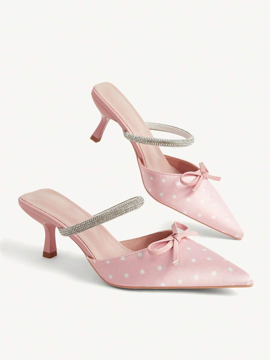 CUCCOO CHICEST Prickiga mules med rosett, spetsig tå och låg klack, strassbanddesign, söt och mjuk stil, lämpliga för dejter och daglig pendling, vår A - Babyrosa - Visa 1