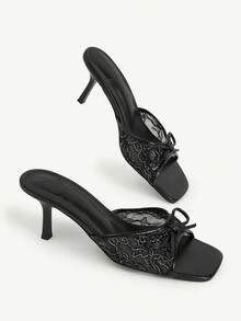 CUCCOO CHICEST 女款時尚性感方頭刺繡線條蕾絲網布蝴蝶結拖鞋，中高跟細直跟，淺A色 - 黑1金屬線網 - 查看 11