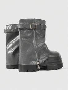 ROMWE Grunge Punk 女款深色搖滾龐克哥德風綁帶灰色皮革騎士靴 坡跟厚底機車靴 戶外登山靴 - 厚底灰色皮帶扣 - 查看 4