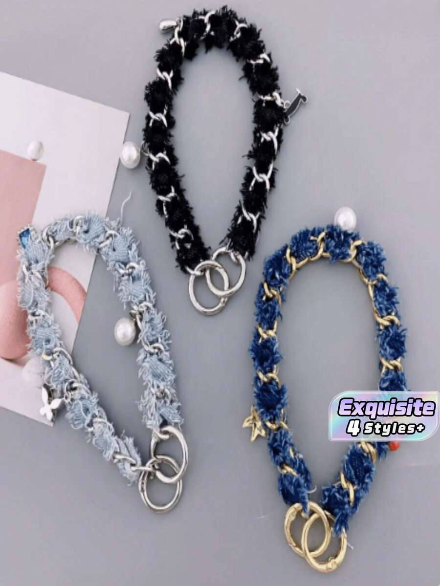1pc New Denim Fringe Metal Chain Bag Charm, Vintage Fabric Bag Accessory, Multi-Purpose Phone Lanyard Decor Gift For Women Girls - Multicolor - View 1