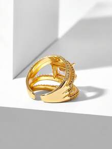 MOTF PREMIUM Multi-Layer Full Set Diamond Square Main Stone Ring, Heavy Industry Wide Version Gold-Plated Banquet Dress Open Ring - Gold - View 8