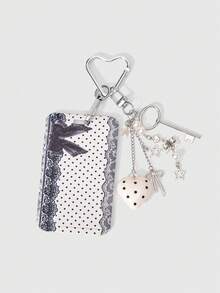 ROMWE 1 Set Of Fashionable Polka Dot Card Cover Printed Picture Plus Love Beaded Bag Accessory Buckle, Sweet And Cool, Spice Girl Y2K Is Suitable For Decora - Beige - View 1