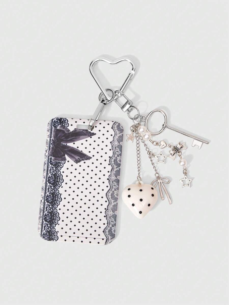 ROMWE 1 Set Of Fashionable Polka Dot Card Cover Printed Picture Plus Love Beaded Bag Accessory Buckle, Sweet And Cool, Spice Girl Y2K Is Suitable For Decora - Beige - View 1