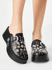 ROMWE Grunge Punk Women's Black Dark Punk Style Rivet Eyelet Thick Sole Wedge Sandals, Subculture Y2K Hot Girl Versatile Style - Black - View 3