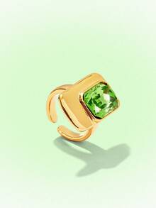 Popjeli Rectangle Open Ring, Glossy Gold Thick Wide-Sided Retro Dinner Ring - Gold - Green Diamond - View 7