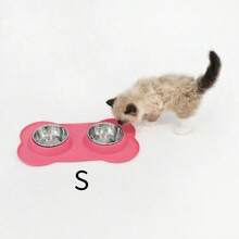 1pc Stainless Steel Double Bowl Anti-Spill Pet Feeder With Non-Skid Mat, For Dogs And Cats - Pink - View 3