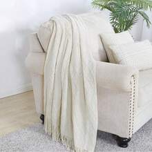 Cirelle Soft Knit Throw Blanket With Fringe, Cream White Textured Geometric Diamond Lattice Pattern Decorative Blanket For Couch, Sofa, Bed, Living Room & Farmhouse Decor - Beige - View 4