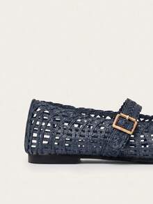 Nöista Elegant Mary Jane Flats, Metallic Gold Finish, Featuring Intricate Woven Design, Adjustable Straps And Refined Square Toe - Royal Blue - View 6