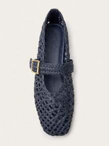 Nöista Elegant Mary Jane Flats, Metallic Gold Finish, Featuring Intricate Woven Design, Adjustable Straps And Refined Square Toe - Royal Blue - View 1